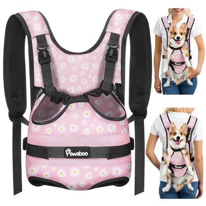Pawaboo Pet Dog Front Carrier Backpacks, Legs Out Pet Carrier Backpack, Adjustable Easy-fit Dog Chest Carriers for Small Medium Dogs Hands Free for Travel Hiking Cycling Camping, XL, Pink Daisy - color: AA-Pink Daisy, style: Extra Large (Pack of 1)