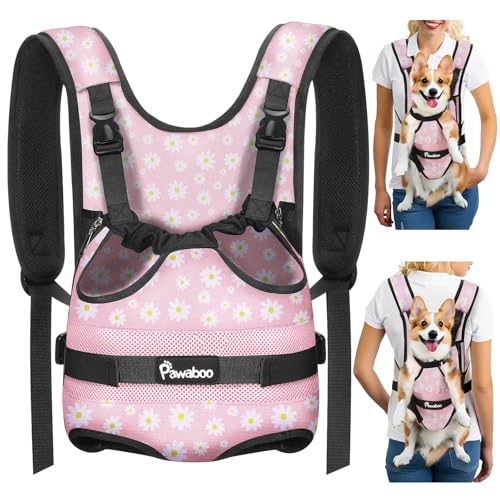 Pawaboo Pet Dog Front Carrier Backpacks, Legs Out Pet Carrier Backpack, Adjustable Easy-fit Dog Chest Carriers for Small Medium Dogs Hands Free for Travel Hiking Cycling Camping, XL, Pink Daisy - color: AA-Pink Daisy, style: Extra Large (Pack of 1)