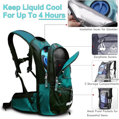 Mothybot Hydration Pack, Insulated Hydration Backpack with 2L BPA Free Water Bladder and Storage, Hiking Backpack for Men, Women, Kids for Running, Cycling, Camping - Keep Liquid Cool up to 5 Hours - color: Matte Emerald