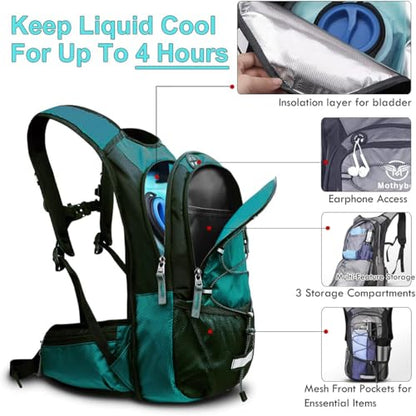 Mothybot Hydration Pack, Insulated Hydration Backpack with 2L BPA Free Water Bladder and Storage, Hiking Backpack for Men, Women, Kids for Running, Cycling, Camping - Keep Liquid Cool up to 5 Hours - color: Matte Emerald