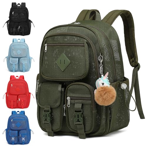 Mesh Backpack for Girls Boys, Heavy Duty Semi-Transparent Mesh Bookbag Womens Mens Mesh Backpacks for School, Sports, Beach, Swimming, Travel - Army Green - color: Army Green