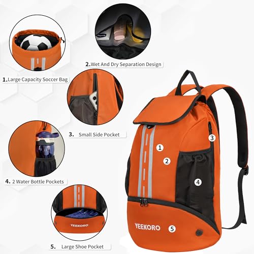 Soccer Backpack Multifunctional Sport Gym Bags with Dry-wet Separate & Shoe Compartment for Basketball Volleyball - color: Upgraded Orange