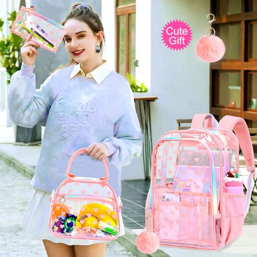 gxtvo 3PCS Transparent Backpack Heavy-Duty Set for Women & Teen Girls, 17" Pink Clear Bookbag with Rainbow Strap, Cute Love See Through School Bag - color: Pink Love Accents Clear Backpack Set