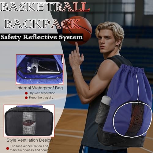 Basketball Backpack, 45 L Drawstring Sports Bag with Large Shoe Compartment and Wet Pockets for Women Men Gym Bag - color: Blue-45L