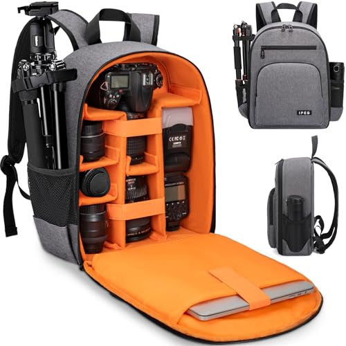 Camera Backpack for Photographers, DSLR Camera Bag with 13.5” Laptop Compartment & Tripod Holder, Professional Photography Camera Case Compatible for Sony Canon Nikon Travel Hiking Gift Grey Orange - color: Grey Orange