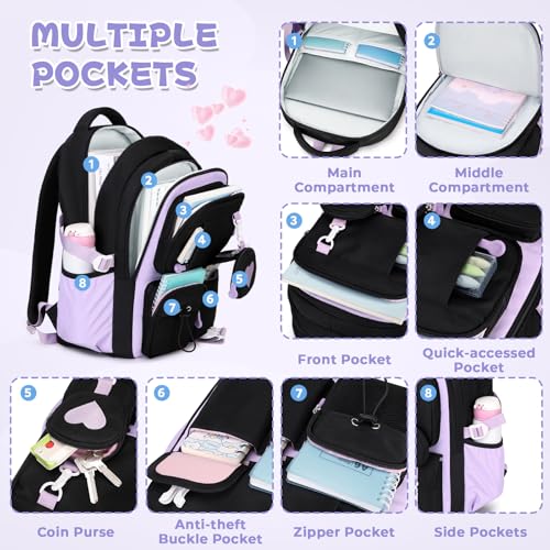 MOONBABY Girls Backpack, Kids Backpack for Girls, School bag for Primary Elementary Teenage, Middle School Students Bookbag - color: Black Purple