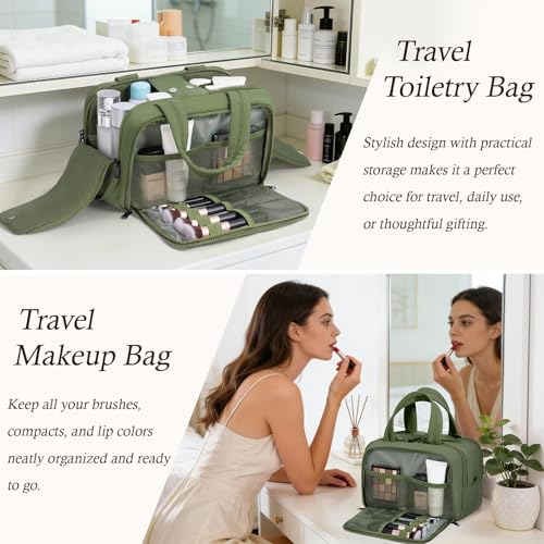 Travel Toiletry Bag, Large Wide-open Puffy Makeup Bag for Women Army Green - color: Army Green