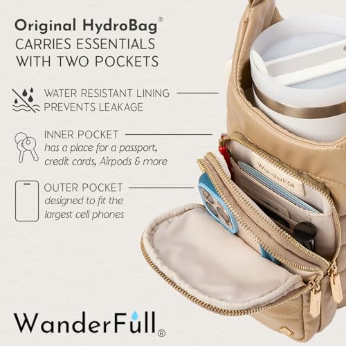 WanderFull HydroBag Handle®, Vegan Leather Hands-Free Crossbody 40 Oz Water Bottle Carrier w/Strap Bundle - color: Taupe