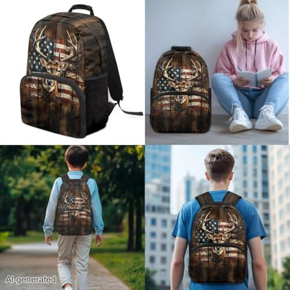 3 in 1 USA Flag Deer School Backpack Set with Lunch Box Pencil Case for Boys Girls 17 Inch 3PCS Bookbag Schoolbag for Middle High Students - color: Usa Flag Deer