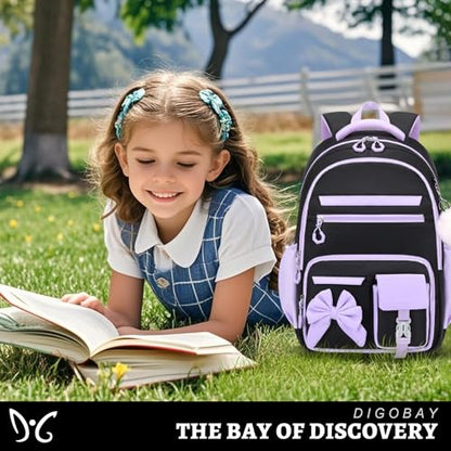 DIGOBAY Backpack for Girls, 3PCS Girls Backpack for School with Lunch Bag Pencil Case, Cute Kids Teens Bookbag for Kindergarten Elementary Preschool Middle School (Black-Purple) - color: Black-purple