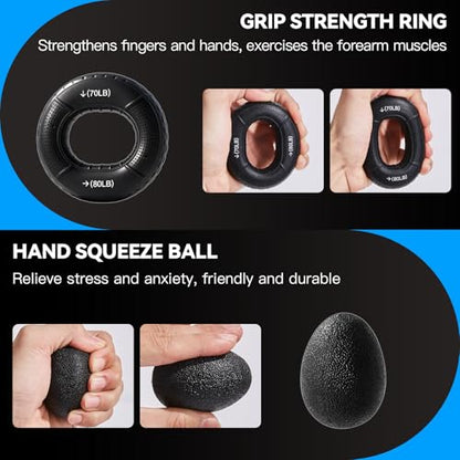 7PCS Grip Strength Trainer Kit, 2 Adjustable Forearm Resistance Grips, Finger Stretchers, Grip Ring, Hand Squeeze Ball, Finger Exercises, User Manual, Suitable for Hand Training, Suitable for Everyone