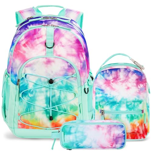 Choco Mocha Girls School Backpack with Lunch Box, Tie Dye Teal Backpack Set for Teen Girls 18 Inch Backpacks, 3 Pcs - color: Teal-tie Dye