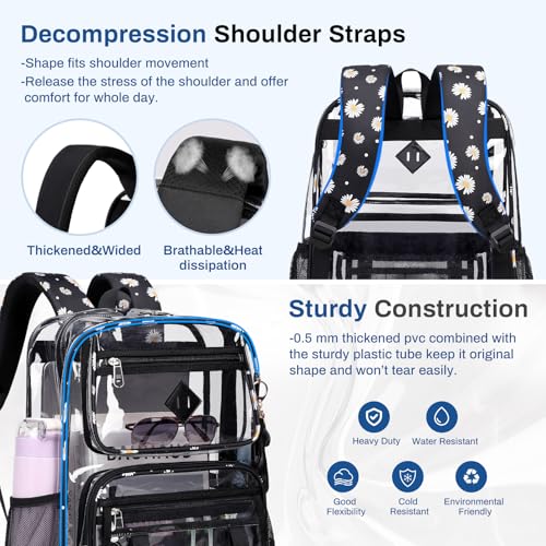 Sisipoet Clear Backpack for School, PVC Clear Bookbag Heavy Duty Transparent Backpack for Stadium Events See Through Bag - color: 1pc-black Daisy