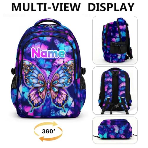 Backpack for School Custom Butterfly Backpacks for Kids Back to School, 17 Inch Glitter Bookbag with Name for Travel Picnic - color: Purple2