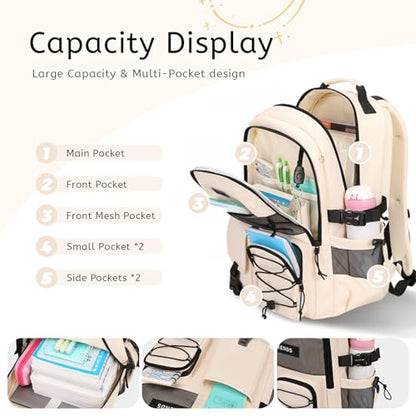 Lohol Multi-Pocket Backpack with 15.6 inch Laptop Compartment, Water Resistant Bookbag for School College and Travel (Beige) - color: Beige