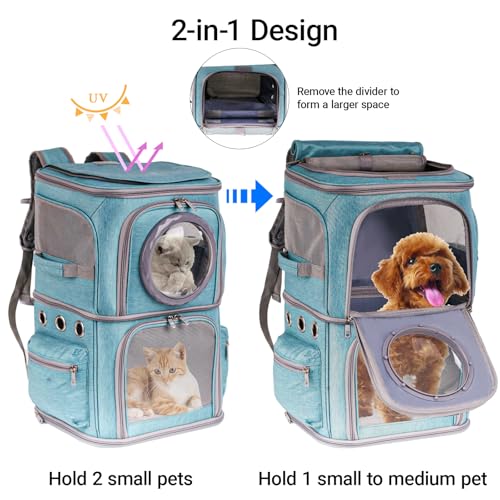 2-in-1 Pet Carrier Backpack for Two Cats or One Dog, Green Double-Layer 2 Compartment Carry Bag to Transport Small Animals Traveling and Hiking, Space Capsule Clear Bubble Dome - color: Green
