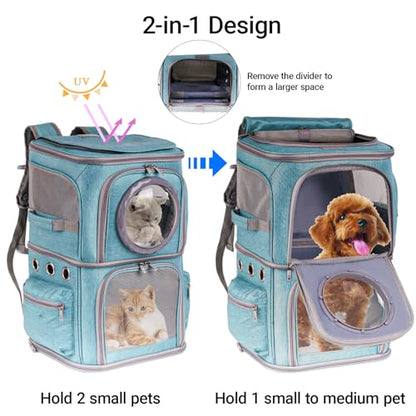 2-in-1 Pet Carrier Backpack for Two Cats or One Dog, Green Double-Layer 2 Compartment Carry Bag to Transport Small Animals Traveling and Hiking, Space Capsule Clear Bubble Dome - color: Green
