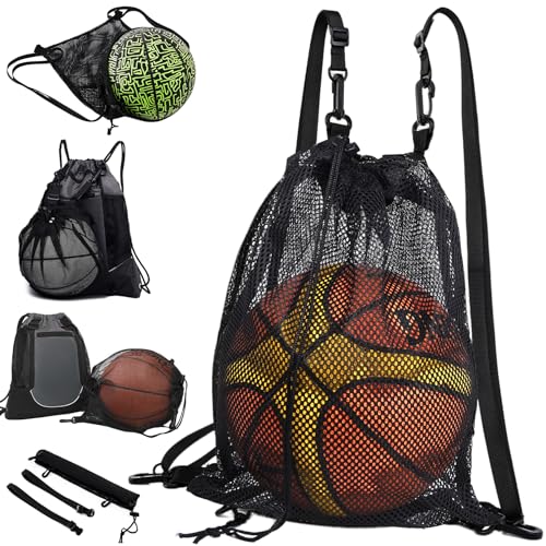 STAY GENT Drawstring Basketball Backpack for Boys, Foldable Soccer Backpack Gym Bag Sackpack Sports Sack with Detachable Ball Mesh Bag for Volleyball Baseball Yoga - color: Pitch Black