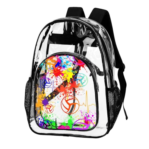 Volleyball Clear Backpack Heavy Duty for Girls Kids Boys Women | Large Cool PVC Volleyball Theme Printing Transparent Backpacks for Schools Stadium Concerts Work - Clear/Black - color: Volleyball Clear Backpack 1 Black With Front Pocket