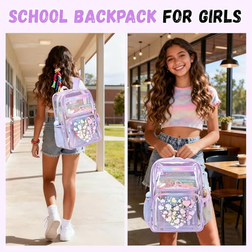 MOONBABY Clear Backpack for School Girls, Heavy Duty TPU Transparent Backpack Stadium Events Approved, Clear Bookbag - color: Purple
