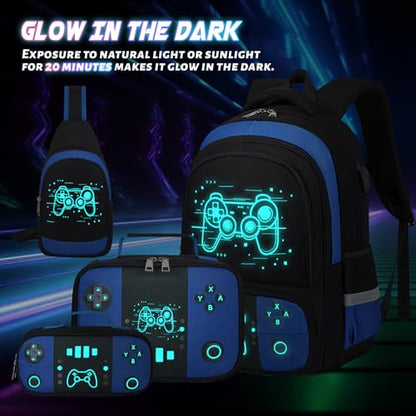 Bevalsa Backpack for School Boys, Cool Luminous Gamer Boys Schoolbag with Sling Bag,Lunch Box & Pencil Case for Kids Children Teens Elementary Middle School(Blue Game Backpack with Shoulder Bag) - color: Blue Game, style: Backpack With Shoulder Bag