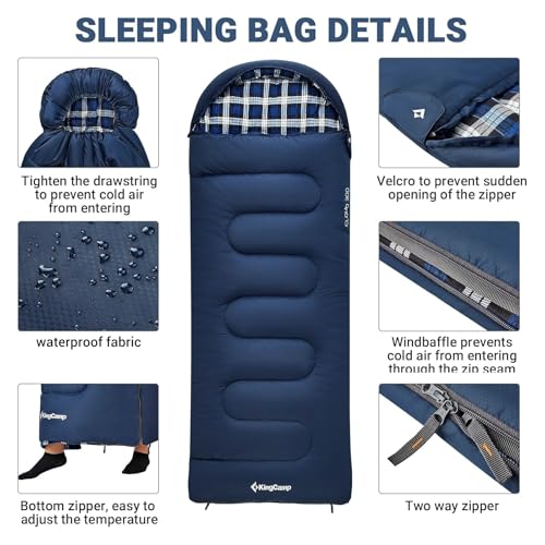 KingCamp 45°F Kids Sleeping Bag, Lightweight Waterproof & Compact Flannel Sleeping Bags Cold Weather & Warm Youth Essentials Gear Accessories for Camping, Fits 10-12 Children up to 4'7"-5'5" Tall - color: 8.6°F ~44.6°F Navy Left