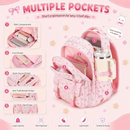 BTOOP Multi-Compartment Kids Backpack for Girls, 3PCS Cute Pink Bow School Backpack with Lunch Bag Pencil Case, Side Pocket Fits 40 oz Tumbler, Girls Bookbag for Elementary Middle School - color: Pink