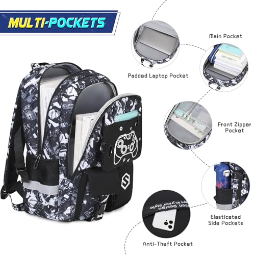 Scothen Boys Backpack, Cool Luminous School Backpack with Lunch Bag & Pencil Case, Kids Backpack for Kindergarten to Middle School, Black Graffiti, 25L, USB Charging Port - color: Black Graffiti