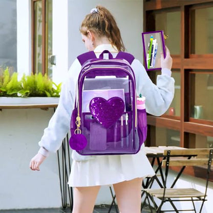 gxtvo 3PCS Girls Clear Backpack Heavy-Duty Set for Women & Teen, 17" See Through Bookbag with Luxurious Gold Zipper, Deep Purple Sequins Transparent School Bag - color: Deep Purple Sequins Clear Backpack Set