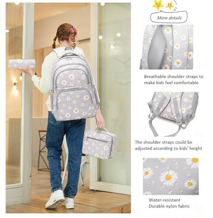 3Pcs Flower Daisy Backpack for Girls with Lunch Box Kids School Bag - color: Black