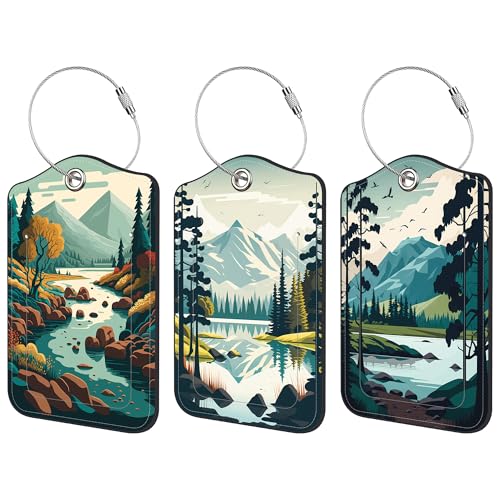 3 Pack Luggage Tag for Suitcase Mountain Lake Scenery Leather Travel Cruise Luggage Tag with Stainless Steel Loop Name ID Label Privacy Cover for Adults Teens Travel Bag Labels Set - color: Mountain Lake Scenery