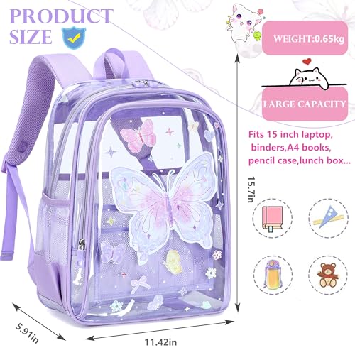 AO ALI VICTORY Clear Backpack for School,PVC Transparent Kids Bookbag for Girls Boys Cute Toddler Back Pack Kindergarten Elementary Schoolbag Stadium Approved See Through Backpacks, Purple Butterfly - color: Purple Butterfly