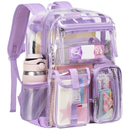 Vorspack Heavy Duty Clear Backpack - Multi-pockets Clear Bookbag for Girls, Transparent See Through Backpack for School, College, Work, Festival - Purple - color: Purple, size: Large