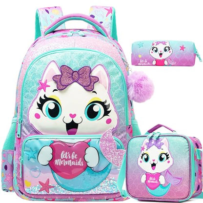 Meetbelify Kids School Backpacks for Girls Boys Backpack with Lunch Bag for Elmentary Students - color: 01 Mermaid Cat