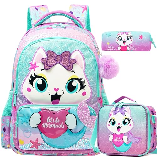 Meetbelify Kids School Backpacks for Girls Boys Backpack with Lunch Bag for Elmentary Students - color: 01 Mermaid Cat