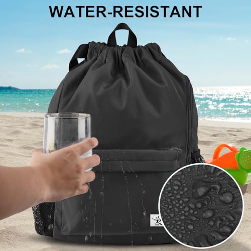 Drawstring Backpack with Mesh Pockets String Gym Bag Sackpack Sandproof Water Resistant Beach Backpack for Men Women - color: Black102