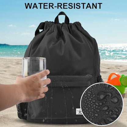 Drawstring Backpack with Mesh Pockets String Gym Bag Sackpack Sandproof Water Resistant Beach Backpack for Men Women - color: Black102