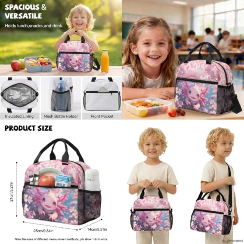 ZDCUSTOM Girls Backpack with Lunch Box, Axolotl School Backpack for 1st Grade, Cute Bookbag for Little Girls Schoolbags with Pencil Case Water Bottle Holder Keychain, Back to School Gifts - color: Cute Axolotl