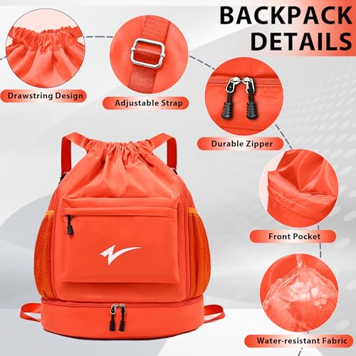 Sport Drawstring Backpack, Gym Bag with Mesh Side Pockets and Separate Shoe Compartment, Water-Resistant (Orange) - color: Orange