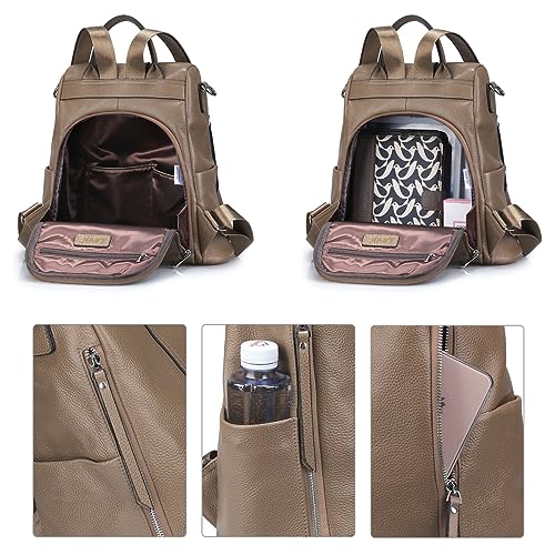 S-ZONE Leather Backpack Purses for Women Antitheft Rucksack Shoulder Bag Medium - color: Khaki