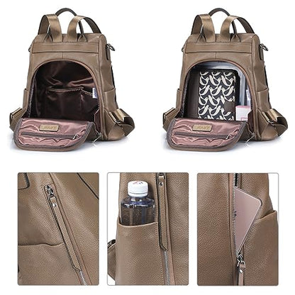 S-ZONE Leather Backpack Purses for Women Antitheft Rucksack Shoulder Bag Medium - color: Khaki