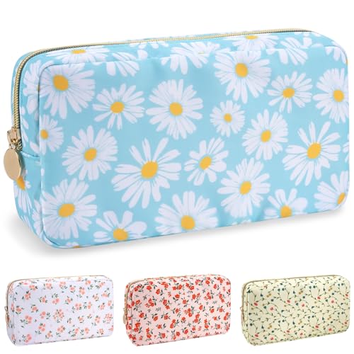 Nylon Small Floral Makeup Bag for Purse, Cute Preppy Travel Makeup Bag Flower Cosmetic Zipper Pouch Purse, Waterproof Portable Toiletry Makeup Brush Bag Clutch Organizer Storage for Women(Blue-Daisy) - color: Blue-Daisy, size: Small
