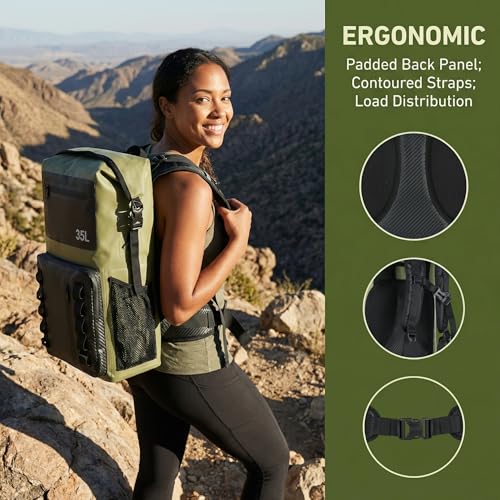 100% Waterproof Roll-Top Dry Bag Backpack with Front Splash-Proof Pocket, Lightweight Floating Pack for Kayaking, Hiking & Travel,35L (Green-black) - color: Green-black