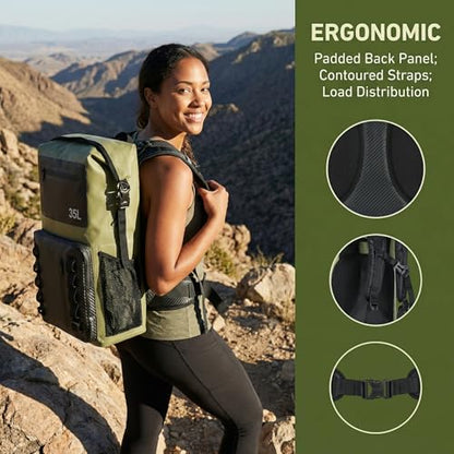 100% Waterproof Roll-Top Dry Bag Backpack with Front Splash-Proof Pocket, Lightweight Floating Pack for Kayaking, Hiking & Travel,35L (Green-black) - color: Green-black