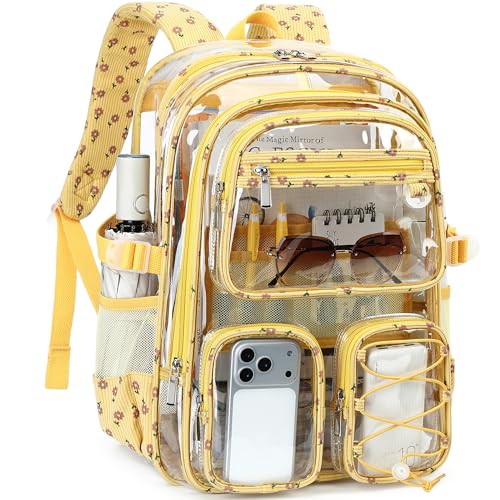 Hidds Clear Backpack for Girls Women Large School Bag Heavy Duty Transparent Backpacks College See Through Bookbag for Stadium Events School Work Festival Security Cute Kids Yellow Floral Back Pack - color: Purple Floral
