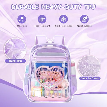 Clear Backpack, Heavy Duty Thick TPU Clear Bookbag, Transparent Bookbag Stadium Events, See Through Large Ergonomic Backpack for School Kids Girls Women Travel Security College Concert, Purple - color: Purple