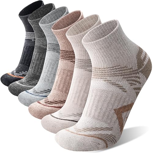 ANTSANG 6 Pairs Merino Wool Quarter Ankle Hiking Running Socks Compression Thermal Thick Cushion Socks for Women Men - color: Brown Combination, size: Medium