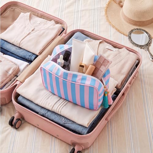 Kacctyen 6 Pack Peony Pink and Slate Blue Striped Makeup Bag bulk with Tassel Travel Cosmetic Pouch Organizer Large Zipper Toiletry Case for Women Aesthetic Storage Pouch Mahjong Tile Bag - color: Peony Pink and Slate Blue