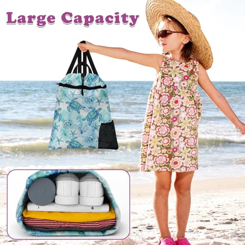 Sea Turtle Drawstring Backpack, 15” x 17” Waterproof Swim Bag for Beach Swimming Pool, Lightweight Foldable Gym Bag with Water Bottle Holder for Sports Travel - color: Sea Turtle