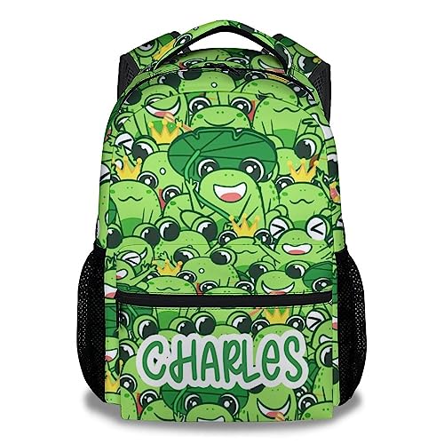 Mercuryelf Personalized Frog Backpack for Girls Boys, 16 Inch Green Backpacks for School Travel, Cute Lightweight Bookbag for Kids - color: Frog-3-1